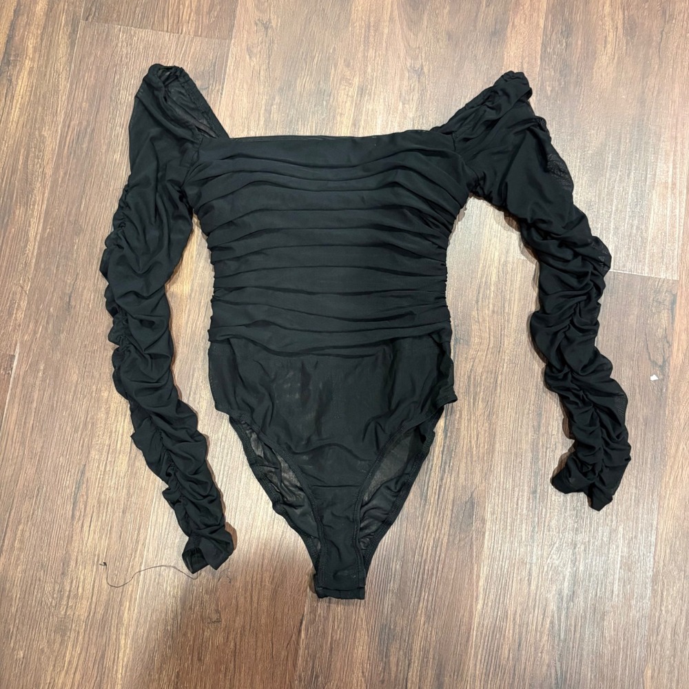 Whimsigoth Princess Polly Delany Black Ruched Mesh Long Sleeve Bodysuit 6